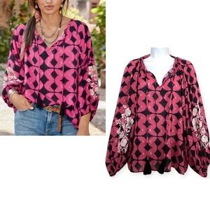 Sundance Hyacinth Cotton Oversized Top Sz Small Batik Boho Peasant Tassel Tie